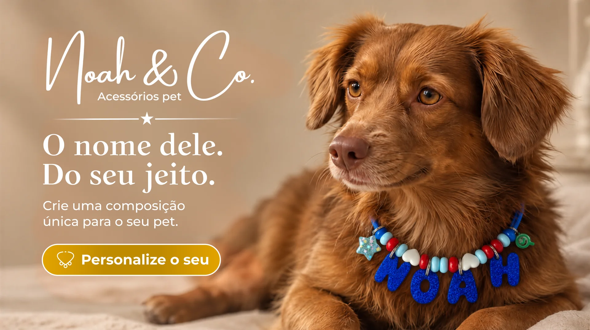 Noah & Co. Acessórios pet. O nome dele. Do seu jeito. Crie uma composição única para o seu pet. Personalize o seu.