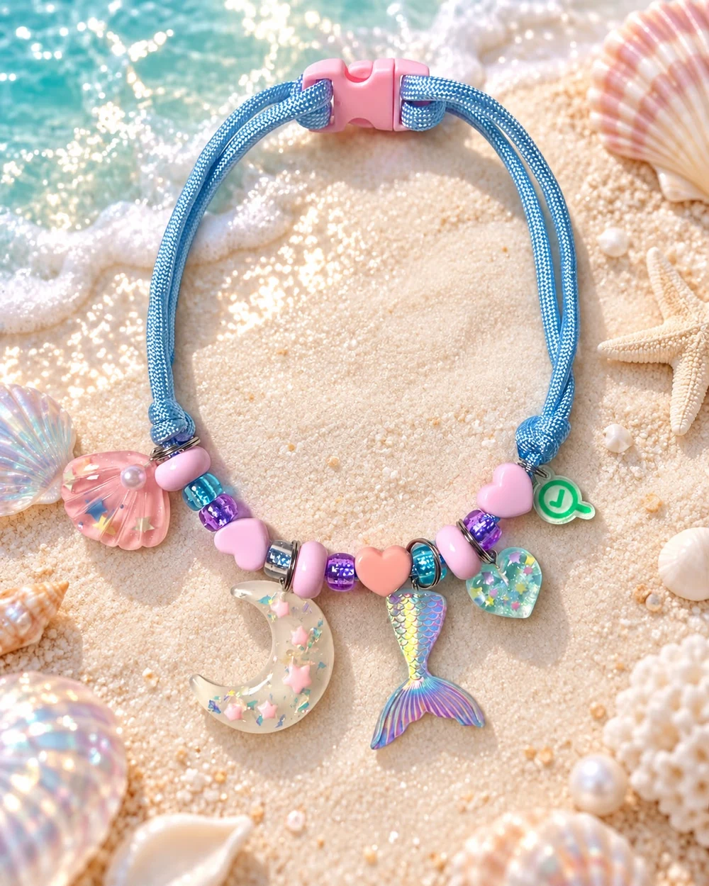 Colar azul-claro de sereia com lua, concha e cauda de sereia