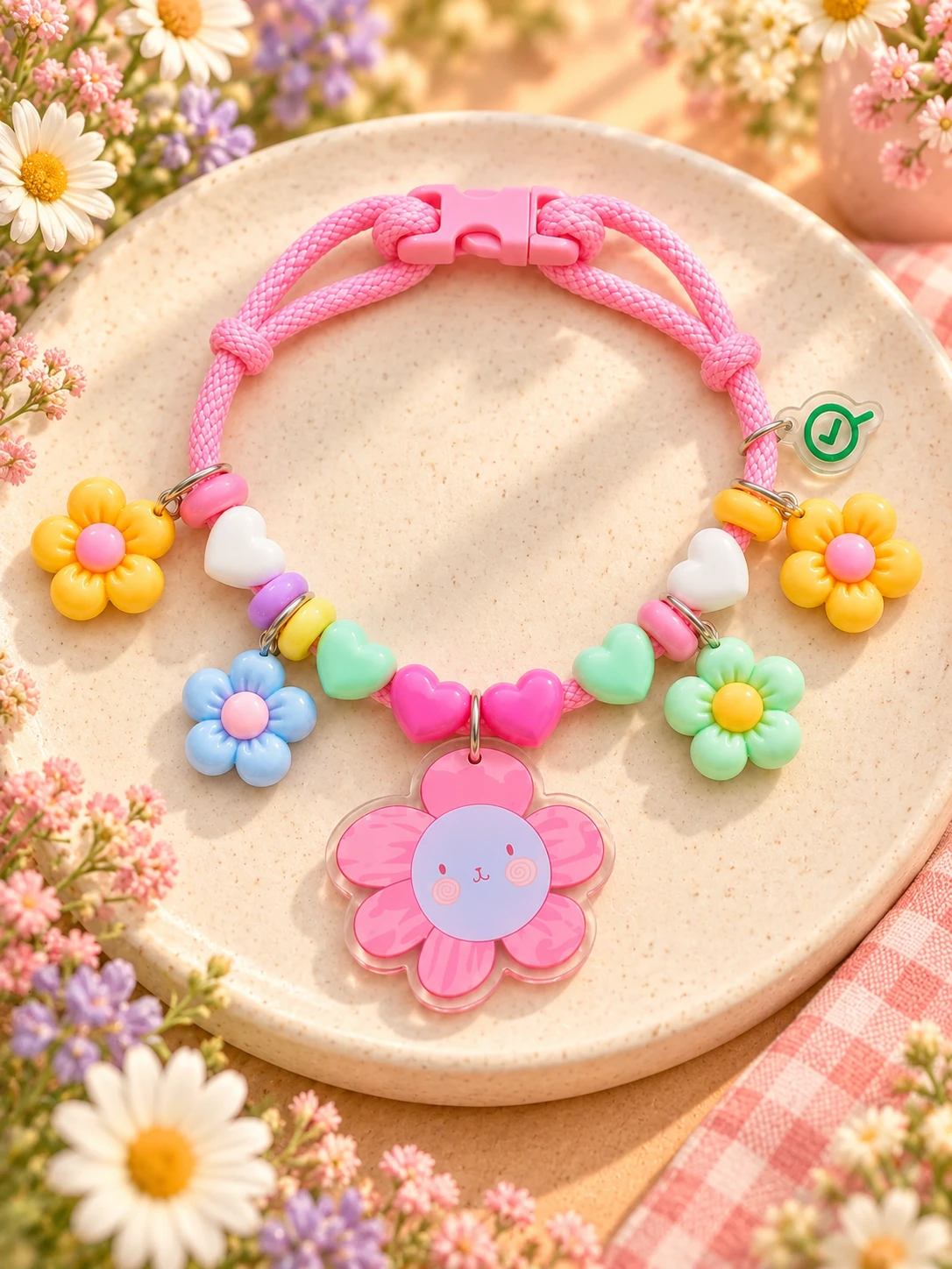 Colar rosa com flores 3D e flor com rosto em acrílico