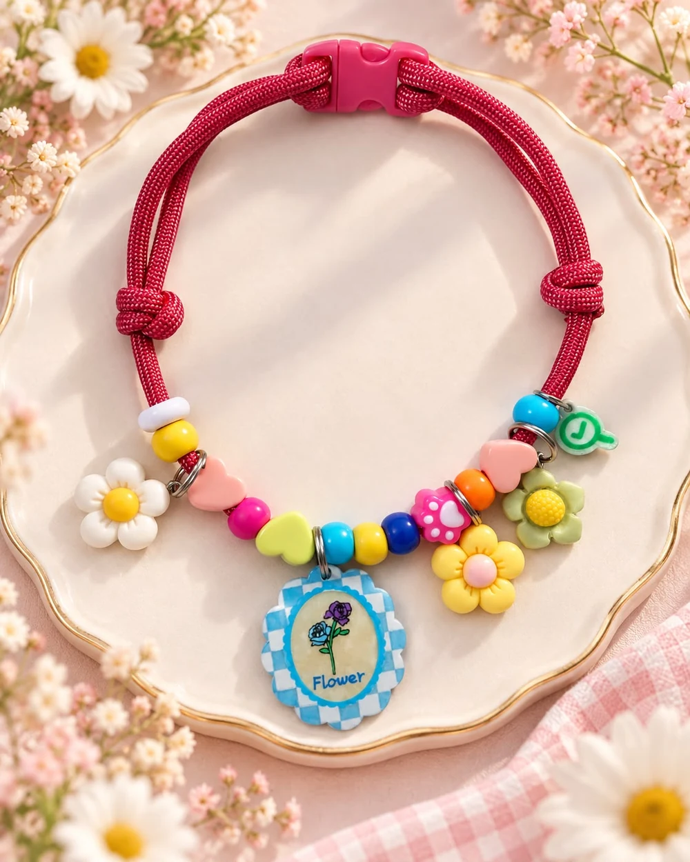 Colar pink com flores e medalhão Flower