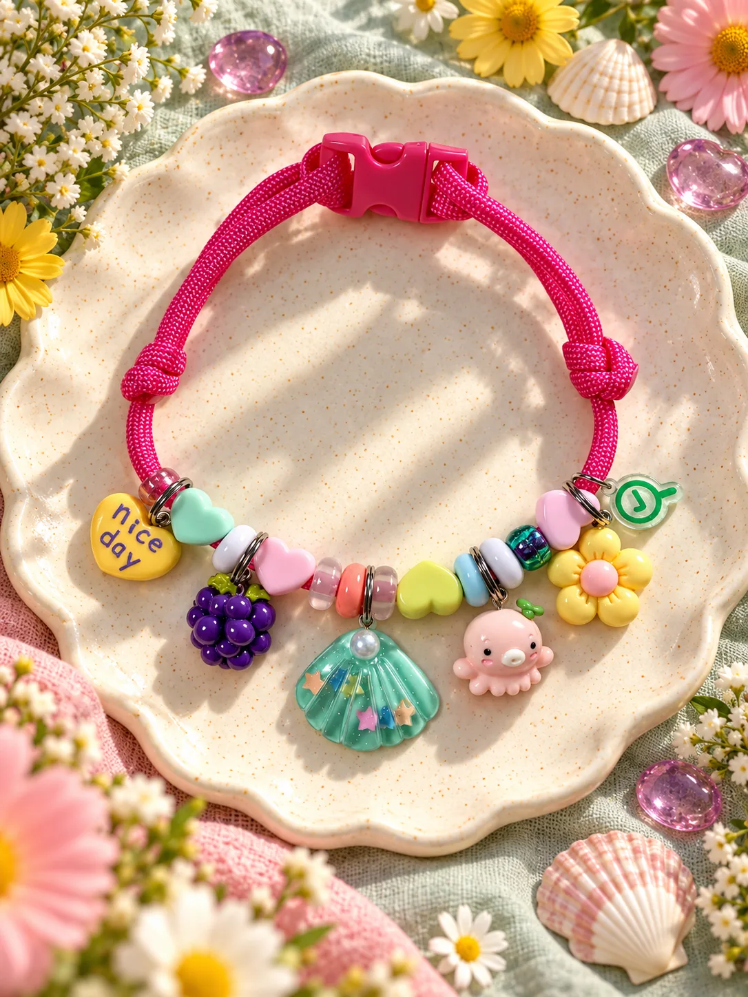 Colar pink com coração Nice Day, uva, concha verde, polvo e flor amarela