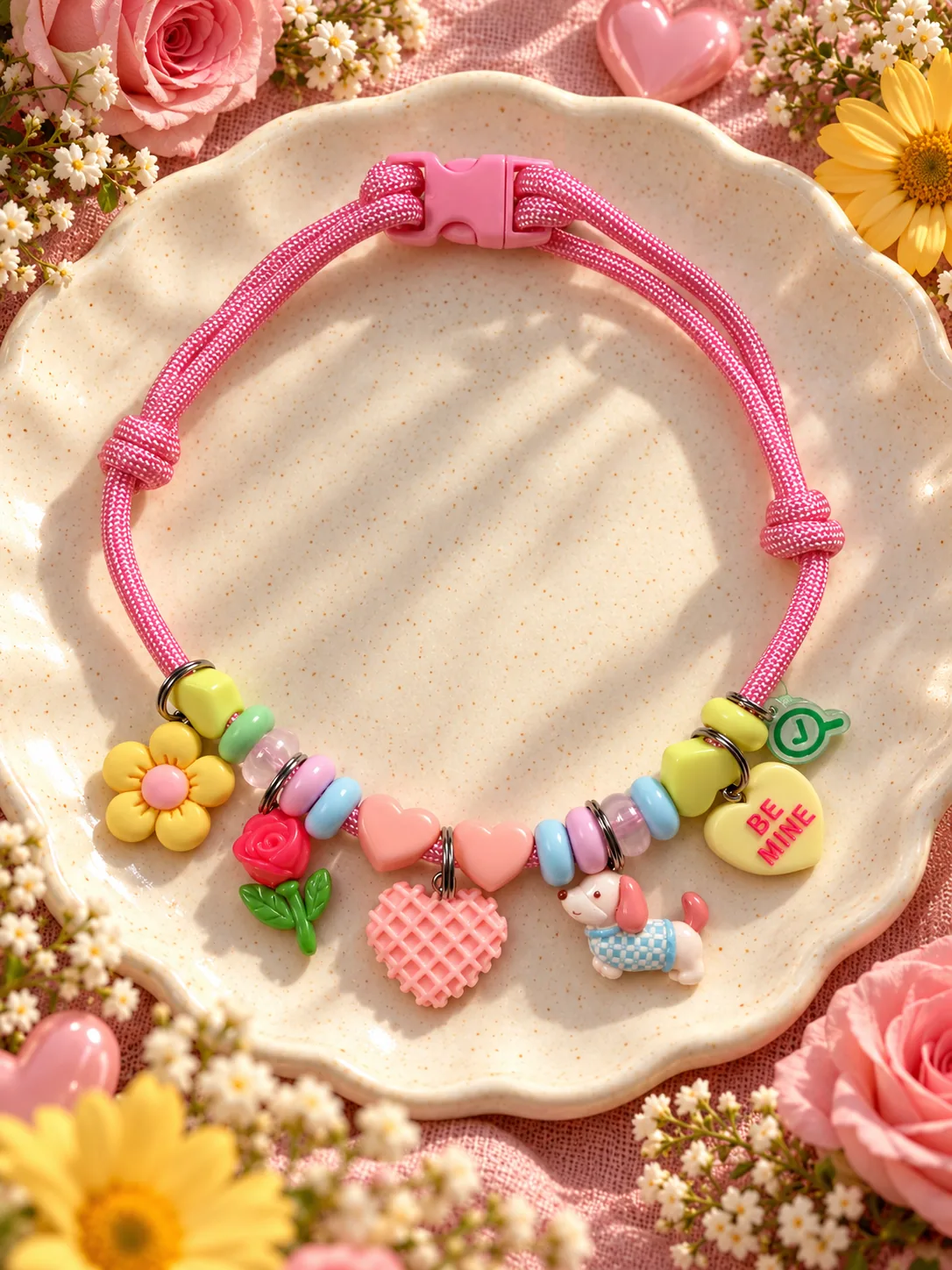 Colar rosa com flor amarela, rosa, coração waffle, cachorrinho e coração BE MINE