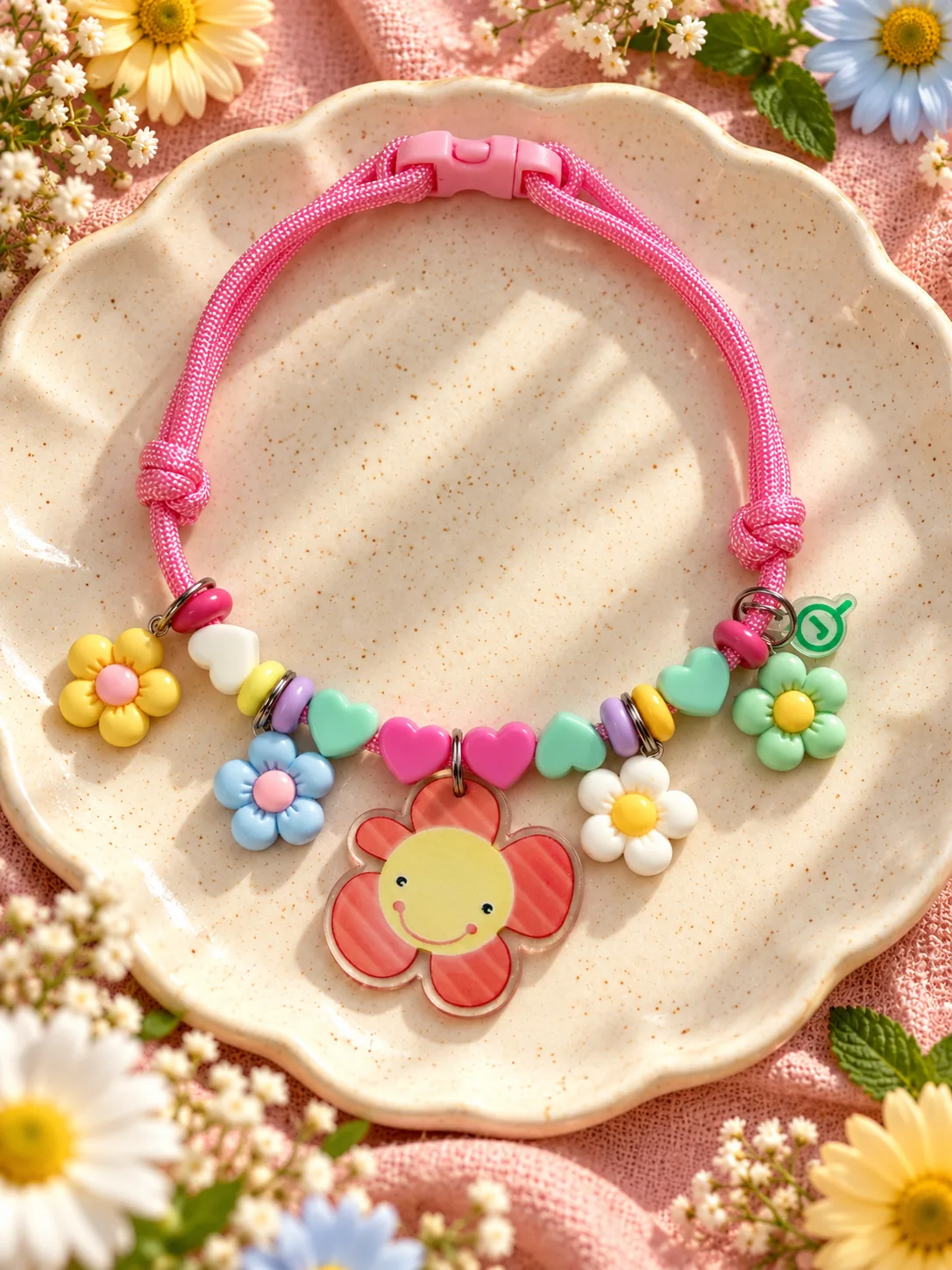 Colar rosa com flores 3D e flor sorridente em acrílico
