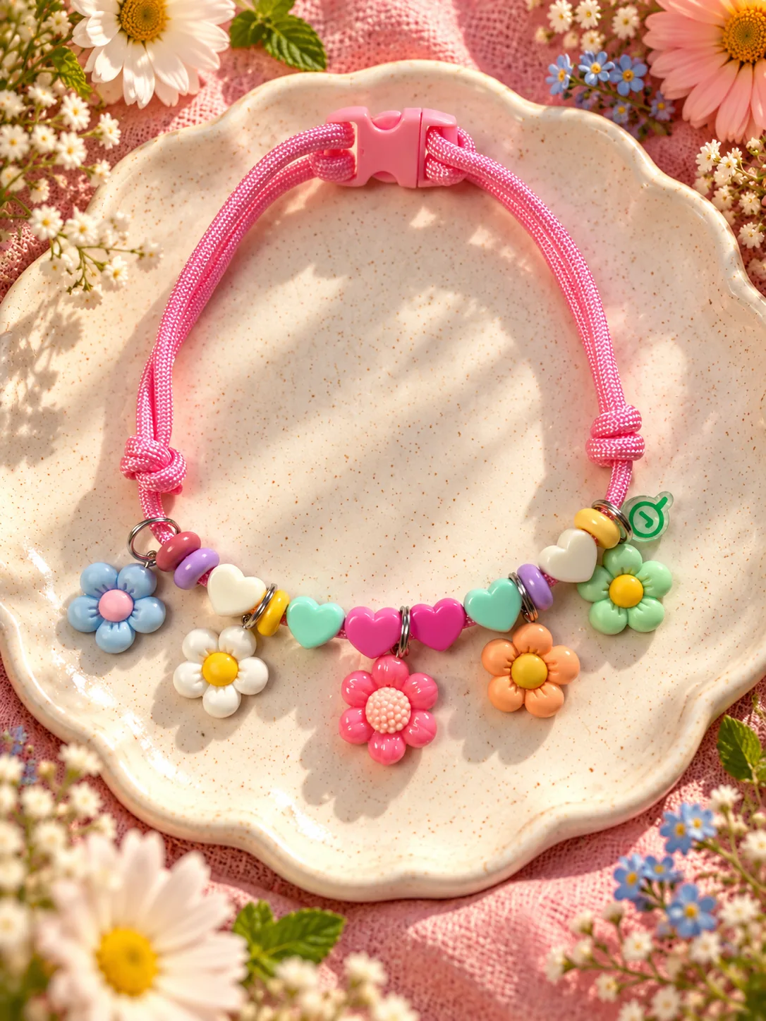 Colar rosa com flores 3D azul, branca, rosa, laranja e verde