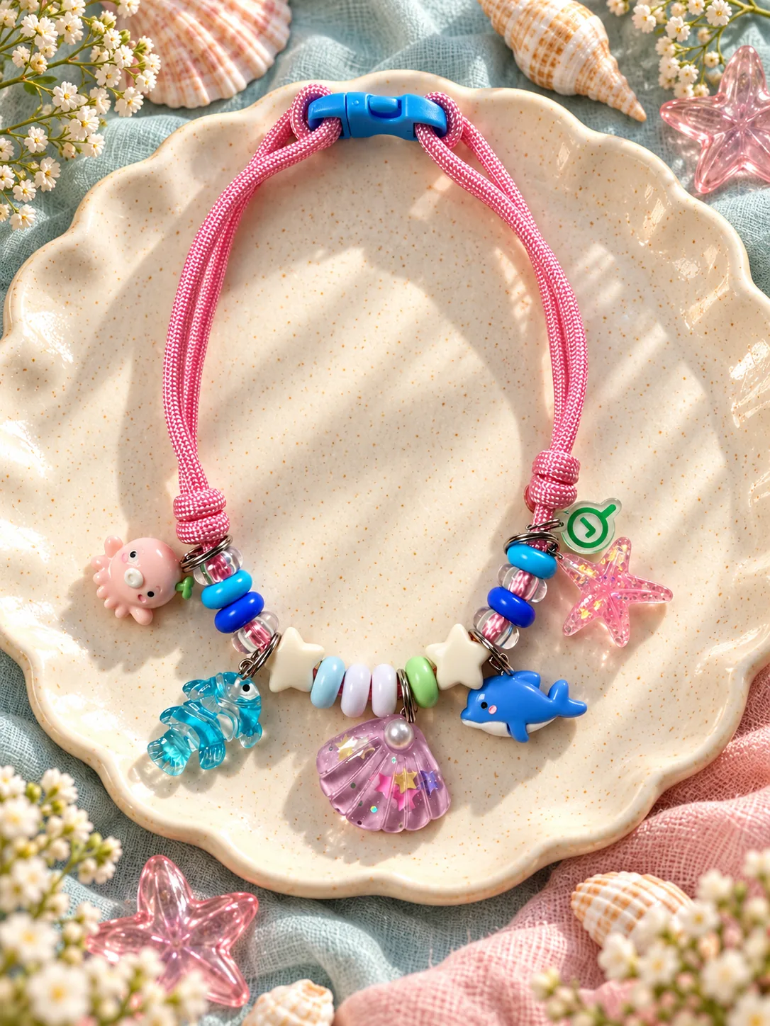 Colar rosa oceano com polvo, concha lilás, golfinho e estrela-do-mar rosa