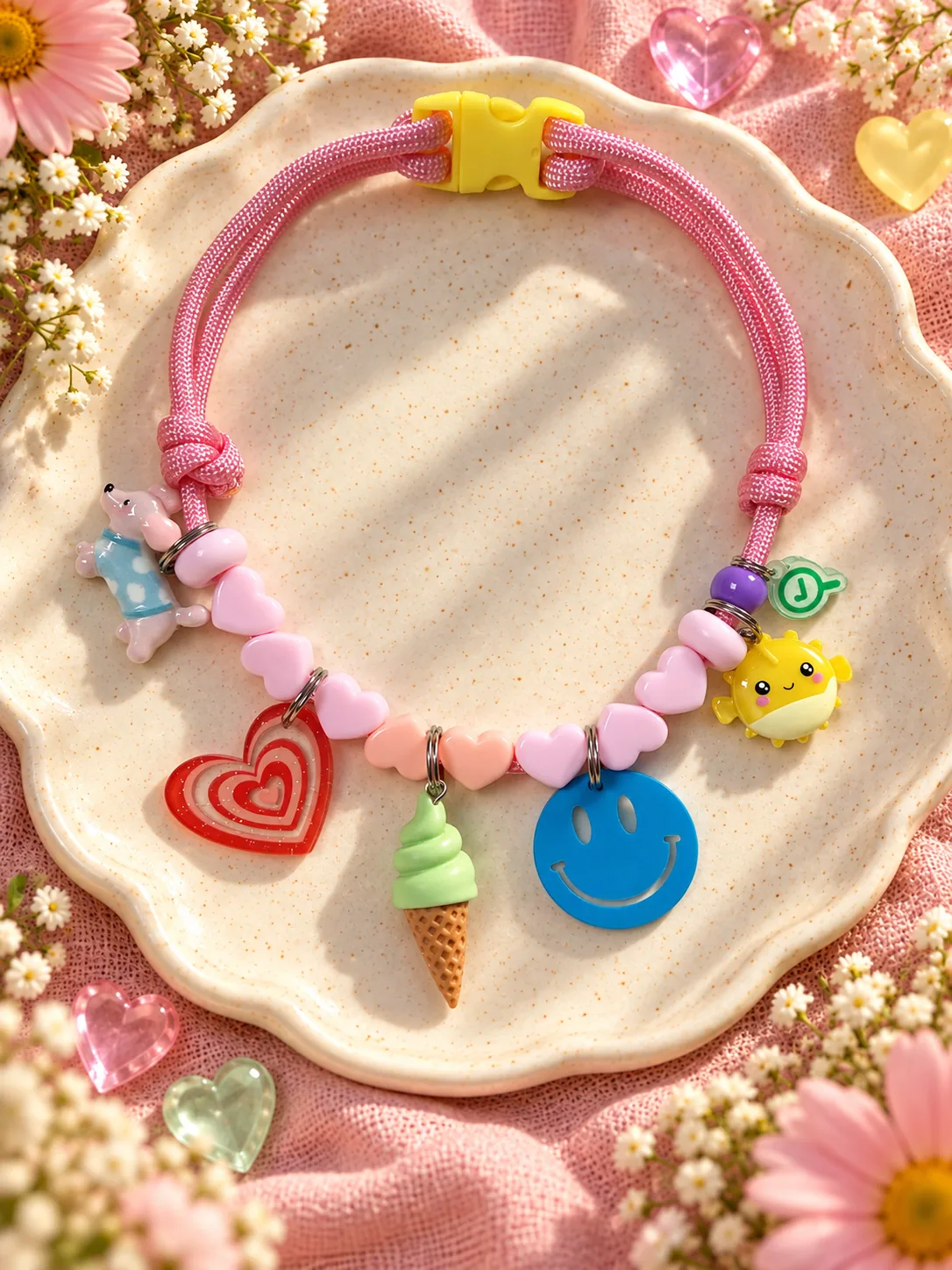 Colar rosa com ratinho, coração vermelho, sorvete verde e smile azul