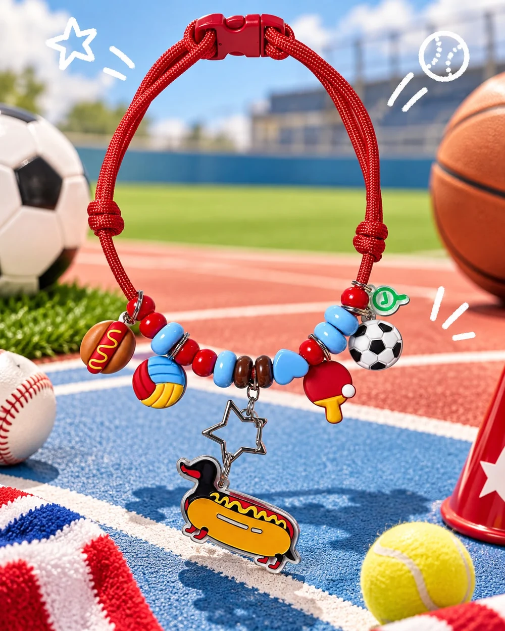 Colar vermelho esporte com cachorro-quente, vôlei, pingue-pongue e futebol